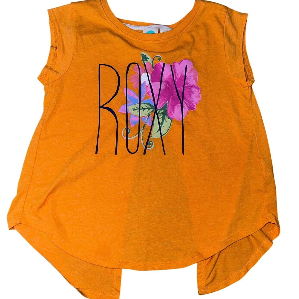 Roxy Girl Orange Floral Graphic Split Back Sleeveless Top Size 12/14 M
